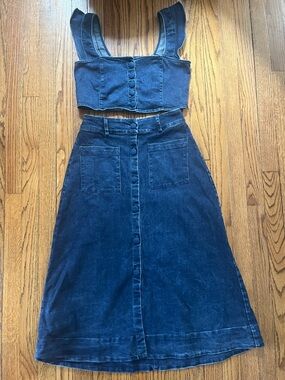 Free People Denim Skirt & Top Set Indigo Womens Size S Buttons Ruffles Festival